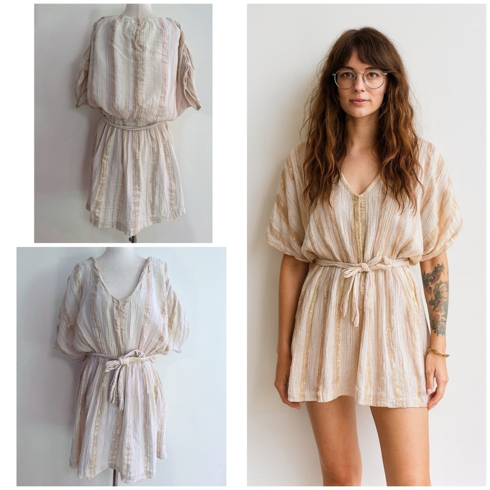 Ace & Jig Metallic Colors Cotton Textured Striped V-neck Tunic Mini Dress S​​